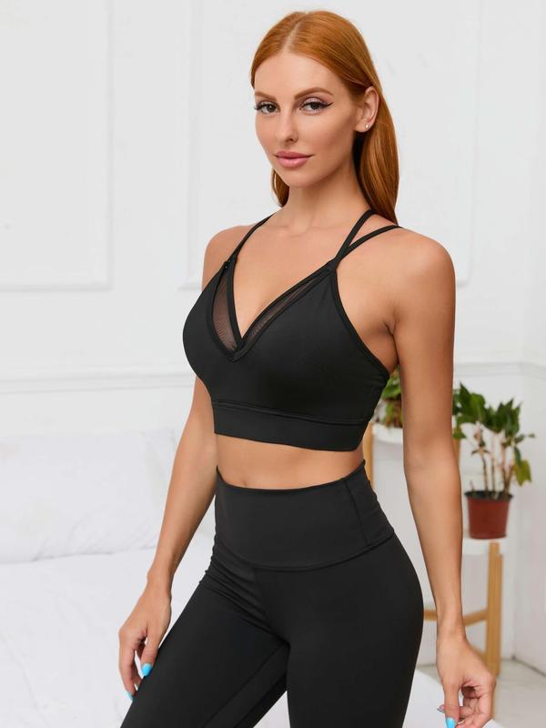 Women's Contrast Mesh Criss Cross Sports Bra, Strappy Backless Sports Tops for Fitness Running Gym Yoga, Ladies Workout Clothes, Women's Sportswear & Activewear