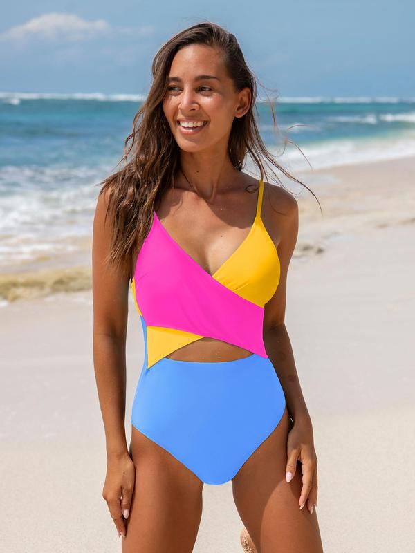 Women's Colorblock Criss Cross One-piece Swimsuit, Casual Adjustable Strap Tie Back Swimwear, One Piece Swimsuit, Bathing Suits 2024, Tummy Control Swimwear for Summer Back To School