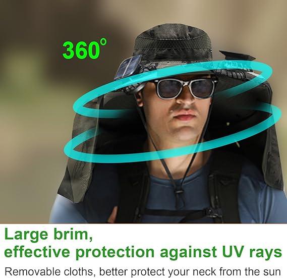 kyuasnfe Wide Brim Solar Fan Hat, Outdoor Sun Protection Cap,Supports Solar & USB Charging, for Fishing, Travel & Outdoor Sports