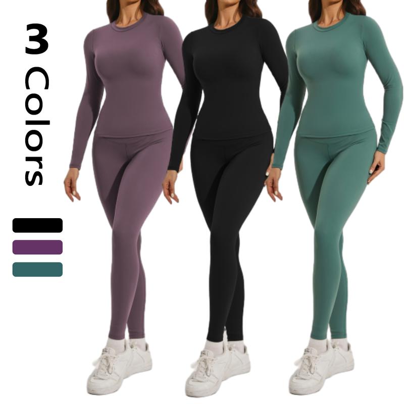 Women's Sporty Two-Piece Set for Yoga Gym Workout Running - Solid Color Long Sleeve Top & Skinny Pants