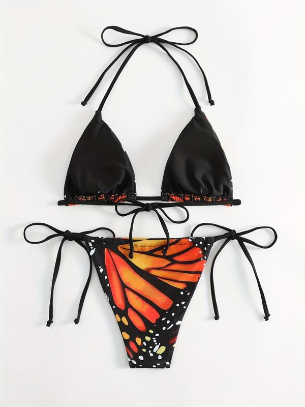 Two-piece Set Women's Butterfly Print Bikini Set, Halter Neck Triangle Swim Bra & Tie Side Swim Panty, Ladies Swimsuit for Beach Holiday Vacation