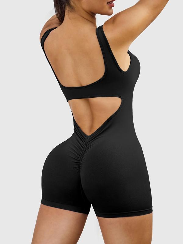 Women's Solid Cut Out Backless Ruched Sports Romper, Casual Scoop Neck Sleeveless Bodycon Romper for Yoga Gym Workout, Ladies Summer Outfits 2024, Back To School Romper