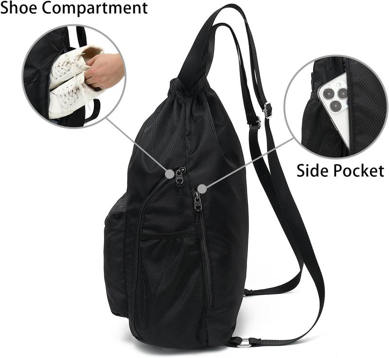 Drawstring Backpack  Gym Bag with Shoes Compartment, String Backpack Cinch for Women Men (Black)