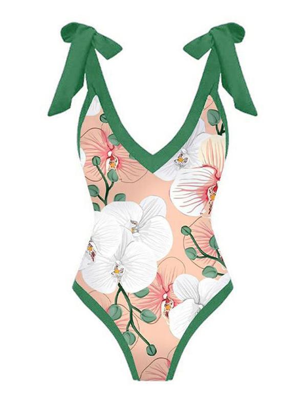 Women's Floral Print Contrast Binding One-Piece Swimsuit & Tie Front Cover Up Skirt Set, Casual Fashion Swimwear Set for Beach Holiday Vacation, Ladies Swimsuit for All Seasons