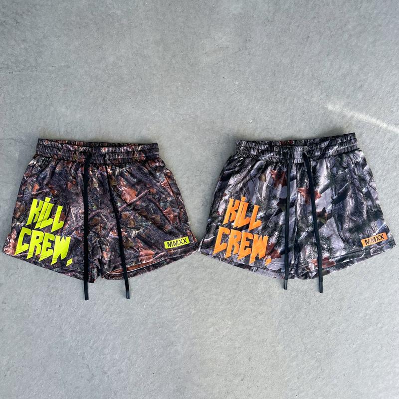 [Kill Crew] Muay Thai Shorts Logo - Camo   Orange, Unisex, Mid Thigh Cut, Pockets, Gym Shorts, Elastic Waistband, Long drawcord with wax tips