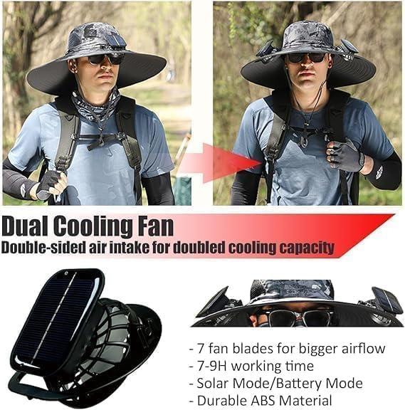 kyuasnfe Wide Brim Solar Fan Hat, Outdoor Sun Protection Cap,Supports Solar & USB Charging, for Fishing, Travel & Outdoor Sports