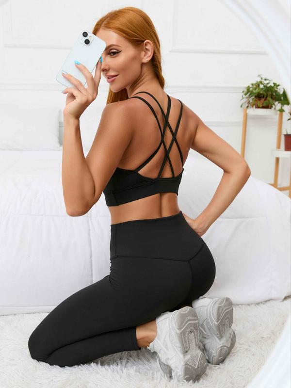 Women's Contrast Mesh Criss Cross Sports Bra, Strappy Backless Sports Tops for Fitness Running Gym Yoga, Ladies Workout Clothes, Women's Sportswear & Activewear