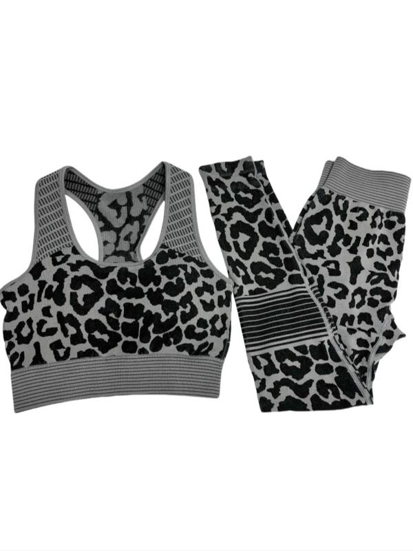 Women's Leopard Print Sports Bra & High Waist Leggings Tracksuit Set, Scoop Neck Crop Top & Skinny Pants, Sportswear Set for Gym Workout Running