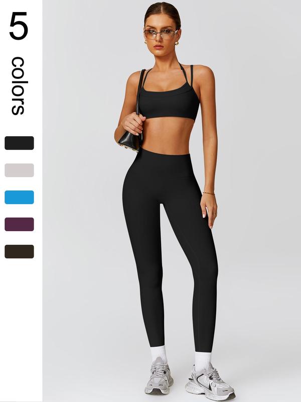 Women's Solid Backless Crop Cami Top & High Waist Leggings Sports Set, Sporty Casual Breathable Comfortable Two-piece Outfits for Yoga Gym Workout Running, Ladies Sportswear for All Seasons