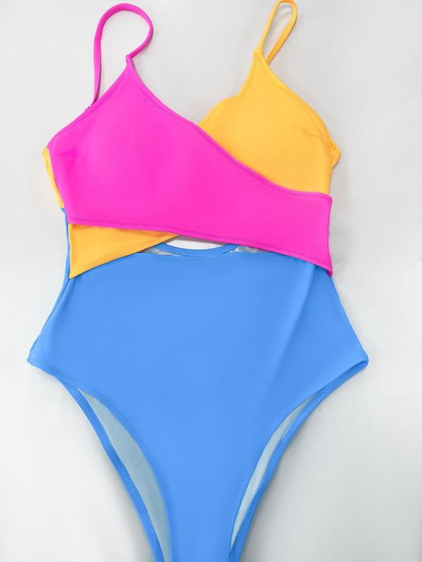 Women's Colorblock Criss Cross One-piece Swimsuit, Casual Adjustable Strap Tie Back Swimwear, One Piece Swimsuit, Bathing Suits 2024, Tummy Control Swimwear for Summer Back To School