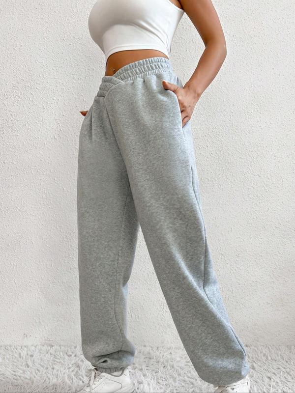 Women's Plain Criss Cross Pocket Elastic Waist Sweatpants, Comfort Basic Minimalist Fitted Jogger Pants, Lady Bottom, Womenswear