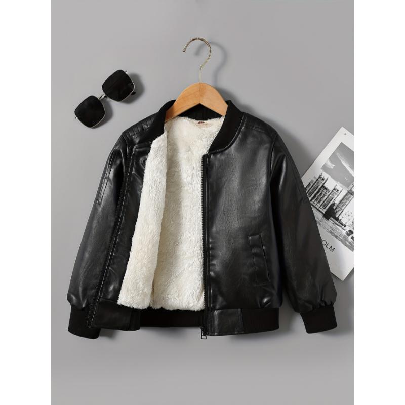 Boys Girls PU Leather Jacket For Winter, Fleece Lined Casual Motorcycle Jacket Coat For Outwear