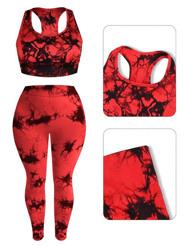 Plus Size Tie Dye Print Cut Out Crop Tank Top & High Waist Leggings Tracksuits Set, Scoop Neck Sleeveless Top & Skinny Pants Two-piece Outfits, Gym Clothing, Women's Sportswear for Indoor Outdoor Wear