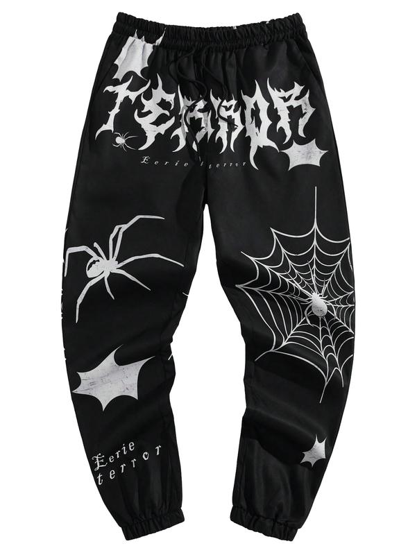 Graphic Sweatpants Spiderweb Letter Print Drawstring Joggers Goth Pants Black X-Large