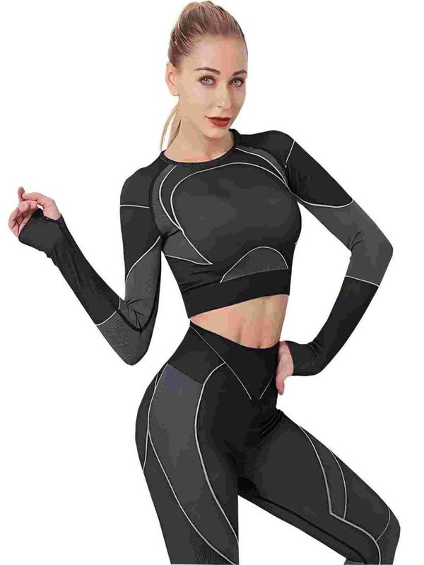 Women's Solid Long Sleeve Top & High Waist Leggings Tracksuit Set, Sporty Round Neck Top & Skinny Pants Two-Piece Outfits for Gym Yoga Workout, Ladies Sportswear for All Seasons