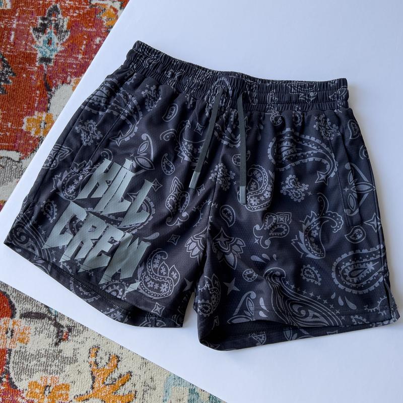 [Kill Crew] Muay Thai Shorts Bandana - Blackout, Unisex, Mid Thigh Cut, Pockets, Gym Shorts, Elastic Waistband, Long drawcord with wax tips