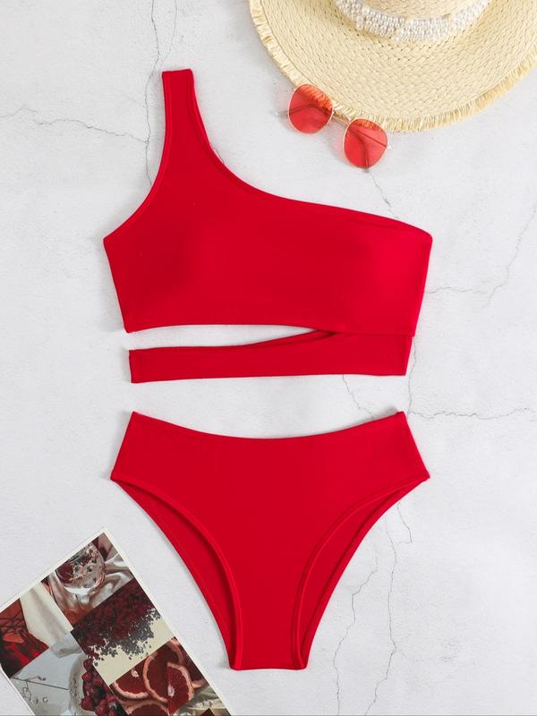 Two-Piece Set Women's Solid Color Cut Out One Shoulder Bikini Top & Swim Thong Bikini Set, Fashion Chic Swimwear Set for Beach Holiday Vacation, Ladies Summer Clothes