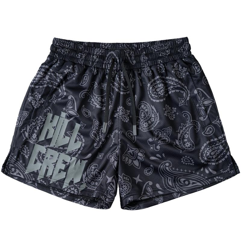 [Kill Crew] Muay Thai Shorts Bandana - Blackout, Unisex, Mid Thigh Cut, Pockets, Gym Shorts, Elastic Waistband, Long drawcord with wax tips