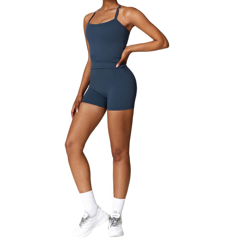 Solid Color Sporty Fitness Sleeveless Short Jumpsuit, Casual Sleeveless Tight Fit Overall for Workout, Women's Clothing