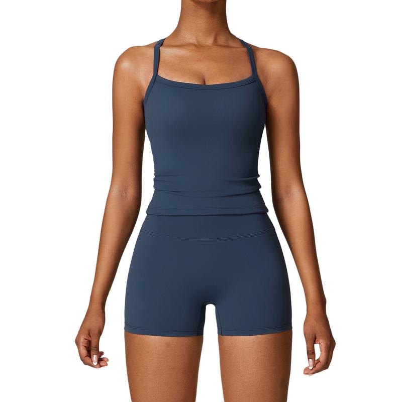 Solid Color Sporty Fitness Sleeveless Short Jumpsuit, Casual Sleeveless Tight Fit Overall for Workout, Women's Clothing