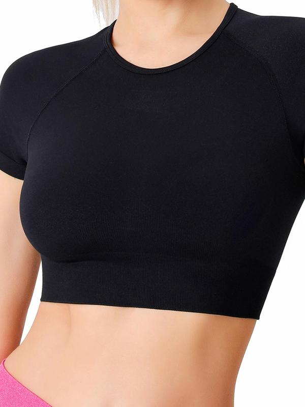 Women's Solid Cut Out Backless Sports Tee, Sporty Comfy Short Sleeve Crop Top, Ladies Sportswear Clothing for Summer Yoga Gym Workout