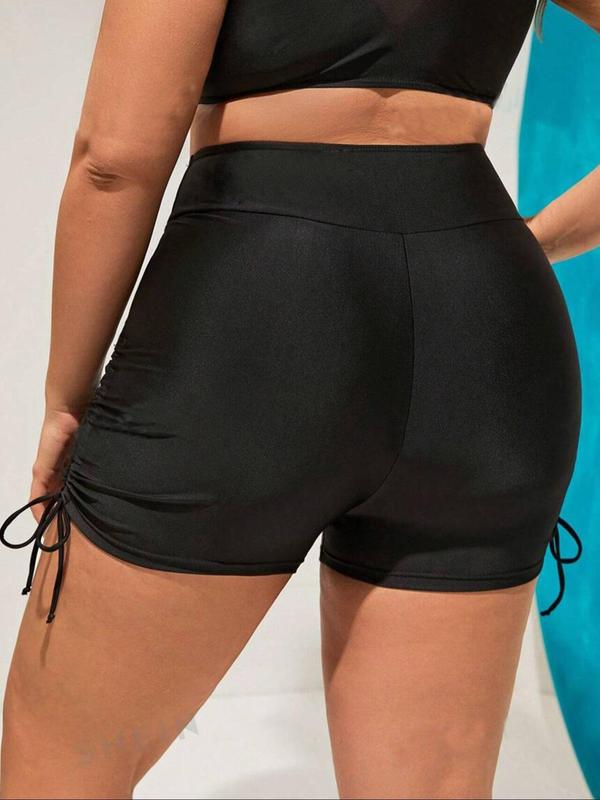 Plus Size Solid Drawstring Side High Waist Swim Shorts, Swimsuit for Women, Casual Sporty Breathable Comfortable Ruched Pocket Design Swim Shorts for Summer, Women's Swimwear Bottoms for Beach Swimming