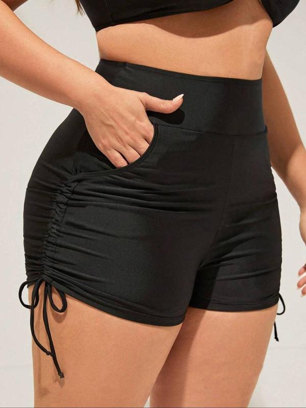 Plus Size Solid Drawstring Side High Waist Swim Shorts, Swimsuit for Women, Casual Sporty Breathable Comfortable Ruched Pocket Design Swim Shorts for Summer, Women's Swimwear Bottoms for Beach Swimming