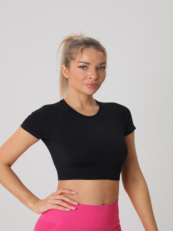 Women's Solid Cut Out Backless Sports Tee, Sporty Comfy Short Sleeve Crop Top, Ladies Sportswear Clothing for Summer Yoga Gym Workout