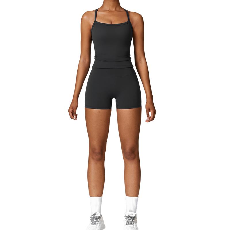 Solid Color Sporty Fitness Sleeveless Short Jumpsuit, Casual Sleeveless Tight Fit Overall for Workout, Women's Clothing