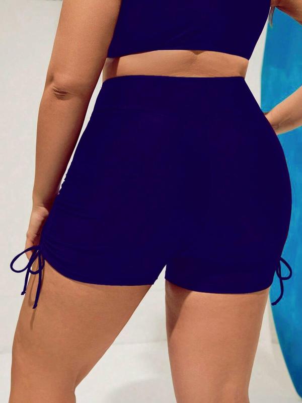 Plus Size Solid Drawstring Side High Waist Swim Shorts, Swimsuit for Women, Casual Sporty Breathable Comfortable Ruched Pocket Design Swim Shorts for Summer, Women's Swimwear Bottoms for Beach Swimming