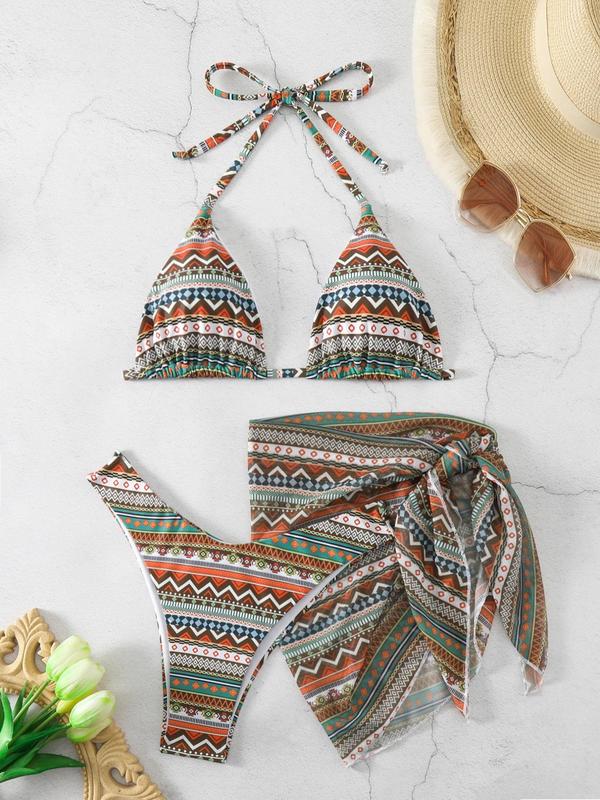 Women's Ethnic Pattern Bikini Sets for Summer 2024, Summer Boho Style Halter Neck Triangle Swim Bra & High Cut Swim Bottom & Skirt Swimsuit Sets for Women, Summer Beach Holiday Vacation Swimwear, Swimsuit for Women, Swimsuits 2024 Women