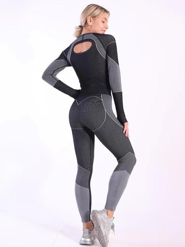 Women's Solid Long Sleeve Top & High Waist Leggings Tracksuit Set, Sporty Round Neck Top & Skinny Pants Two-Piece Outfits for Gym Yoga Workout, Ladies Sportswear for All Seasons