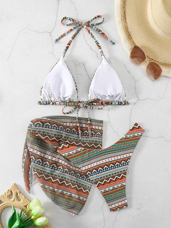 Women's Ethnic Pattern Bikini Sets for Summer 2024, Summer Boho Style Halter Neck Triangle Swim Bra & High Cut Swim Bottom & Skirt Swimsuit Sets for Women, Summer Beach Holiday Vacation Swimwear, Swimsuit for Women, Swimsuits 2024 Women