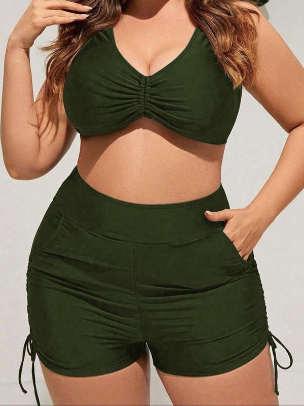 Plus Size Solid Drawstring Side High Waist Swim Shorts, Swimsuit for Women, Casual Sporty Breathable Comfortable Ruched Pocket Design Swim Shorts for Summer, Women's Swimwear Bottoms for Beach Swimming