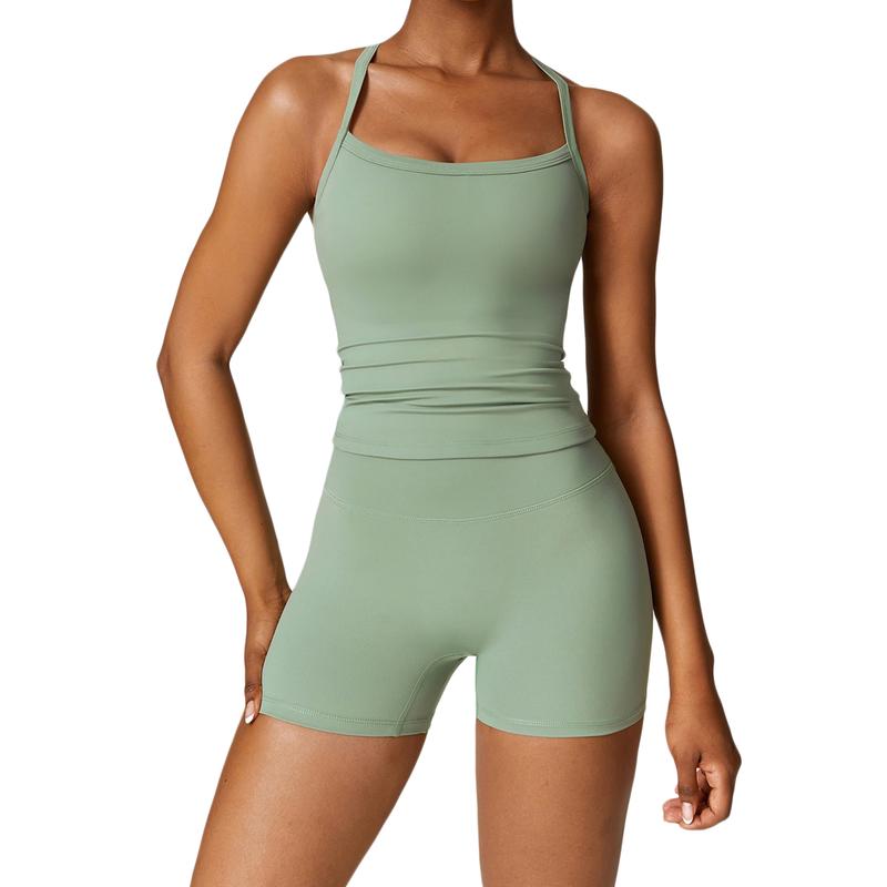 Solid Color Sporty Fitness Sleeveless Short Jumpsuit, Casual Sleeveless Tight Fit Overall for Workout, Women's Clothing