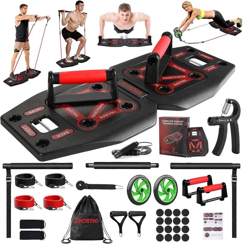 Push Up Board with Resistance Bands, Ab Roller Wheel & Pilates Bars Portable Home Gym Set for Full Body Workout, Foldable Exercise Equipment