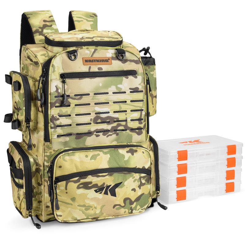 KastKing Bait Boss Fishing Tackle Backpack with Rod Holders-4 Tackle Boxes-Rain Cover,43L Large Storage for Fishing Gear