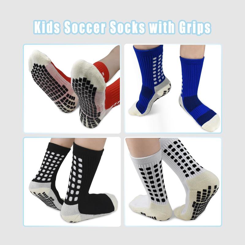 Soccer Grip Athletic Socks, 4 Pack Anti Skid Football Youth Grippy Slipper Socks for Youth Boy Girl 4-16