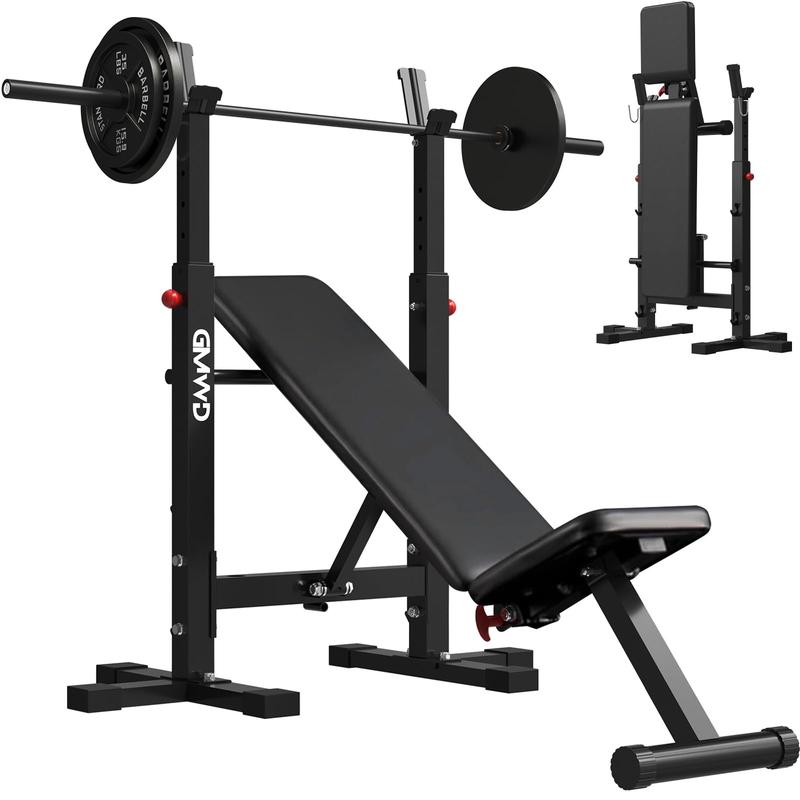 GMWD Bench Press Bench, Foldable 660LBS Weight Bench Set, Multi-Functional Chest Press Machine with Bar Holder, Flat Incline Bench for Chest, Shoulder Home Gym Equipment, Black