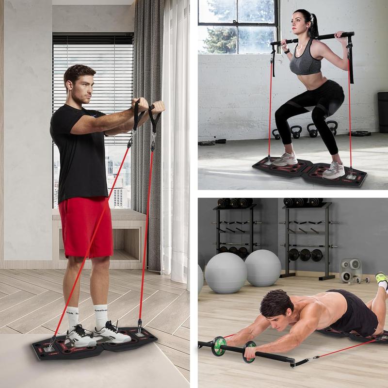 Push Up Board with Resistance Bands, Ab Roller Wheel & Pilates Bars Portable Home Gym Set for Full Body Workout, Foldable Exercise Equipment