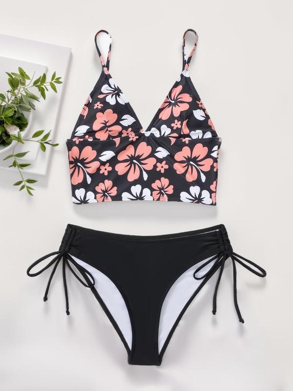 Two-Piece Set Women's Floral Print Bikini Set, Adjustable Strap Bra & Drawstring High Cut Panty, Ladies Summer Swimwear for Beach Holiday Vacation