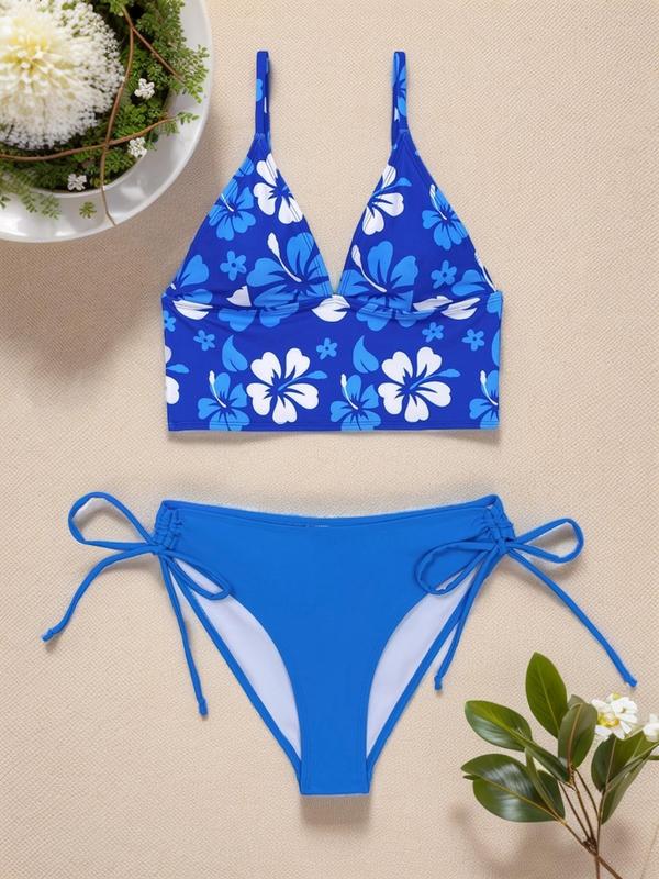 Two-Piece Set Women's Floral Print Bikini Set, Adjustable Strap Bra & Drawstring High Cut Panty, Ladies Summer Swimwear for Beach Holiday Vacation