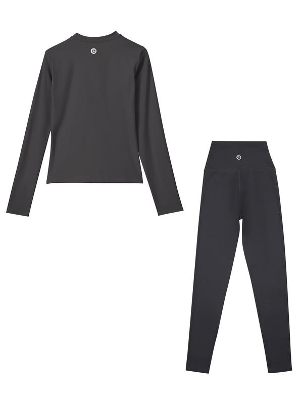 Women's Solid Long Sleeve Tee & High Waist Leggings Tracksuit Set, Sporty Comfy Breathable Two-piece Outfits for Yoga Gym Workout, Ladies Sportswear for All Seasons