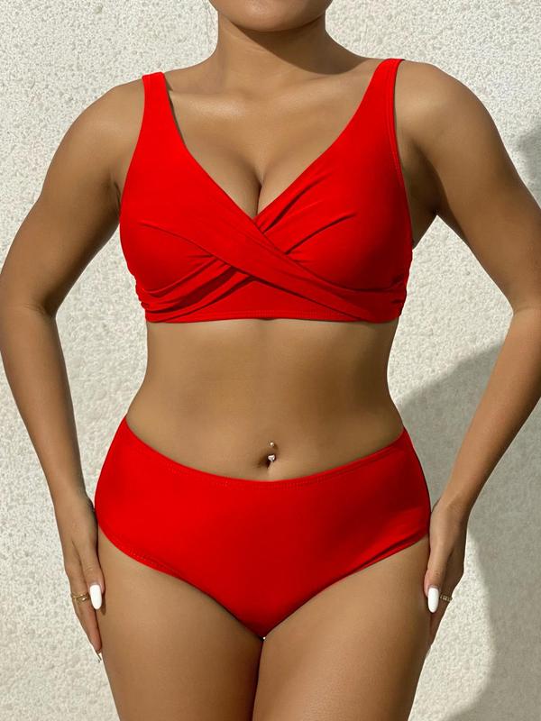 Two-piece Set Women's Solid Backless Bikini Set, Casual Adjustable Strap Swim Top & High Waist Swim Bottom, Ladies Swimsuit for Beach Holiday Vacation