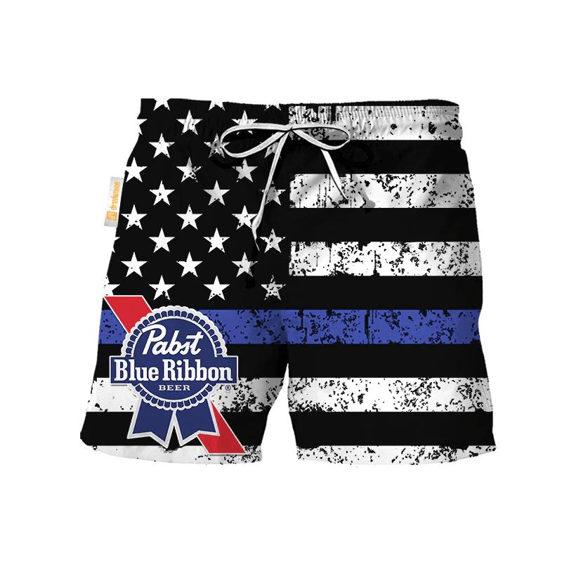 Pabst Blue Ribbon USA Flag Swim Trunks, Hawaiian Shorts For Men Dad Friend, Aloha Shirt, Trendy Shirts