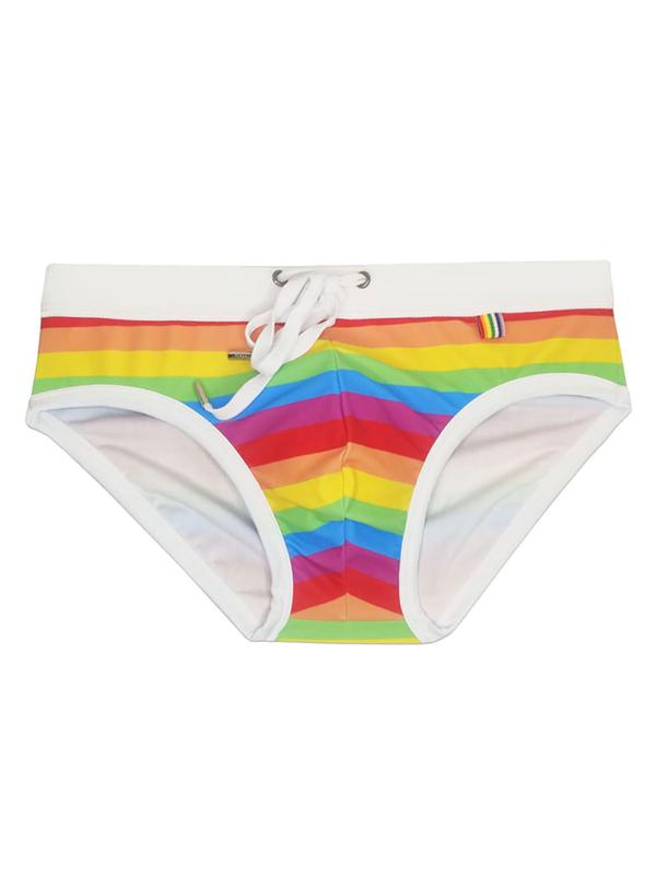 LGBTQ+ Men Swim Trunks, Men's Regular Fit Rainbow Striped Print Drawstring Waist Swim Bottoms, Sexy Swim Briefs, Soft Comfort Breathable Swim Shorts for Summer, Fashion Men's Swimwear for Beach Holiday Vacation