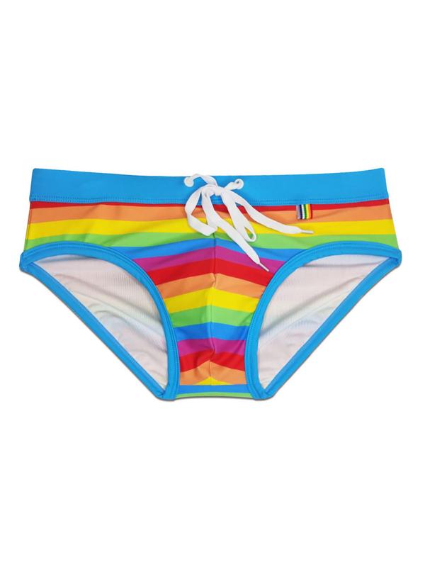 LGBTQ+ Men Swim Trunks, Men's Regular Fit Rainbow Striped Print Drawstring Waist Swim Bottoms, Sexy Swim Briefs, Soft Comfort Breathable Swim Shorts for Summer, Fashion Men's Swimwear for Beach Holiday Vacation