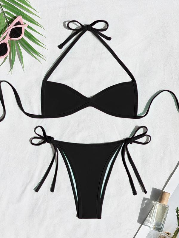 Two-Piece Set Women's Plain Bikinis for Summer 2024, Solid Color Halter Tie Back Bikini Top & Tie Side High Cut Bikini Bottom, Gothic Bikini, Bathing Suits 2024 for Women, Swimsuit for Women, Back-to-school Clothing