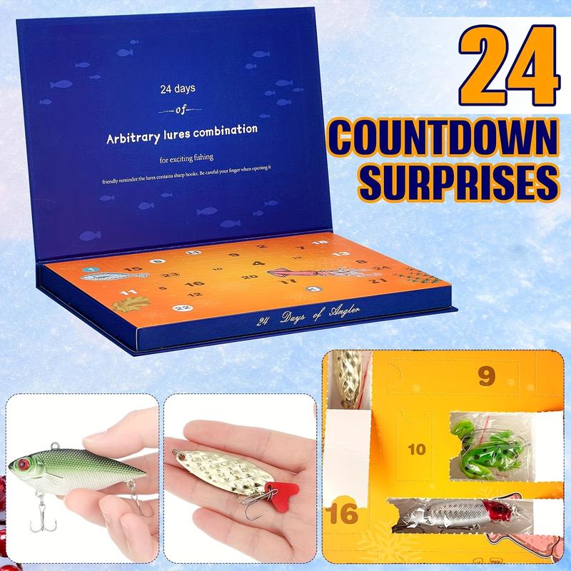 24-Day Fishing Advent Calendar - Christmas Countdown Lure Set for Anglers, Includes Soft Lures, Spoons, Minnows & Poppers - Perfect Xmas Gift for Men, Teens & Grandpas