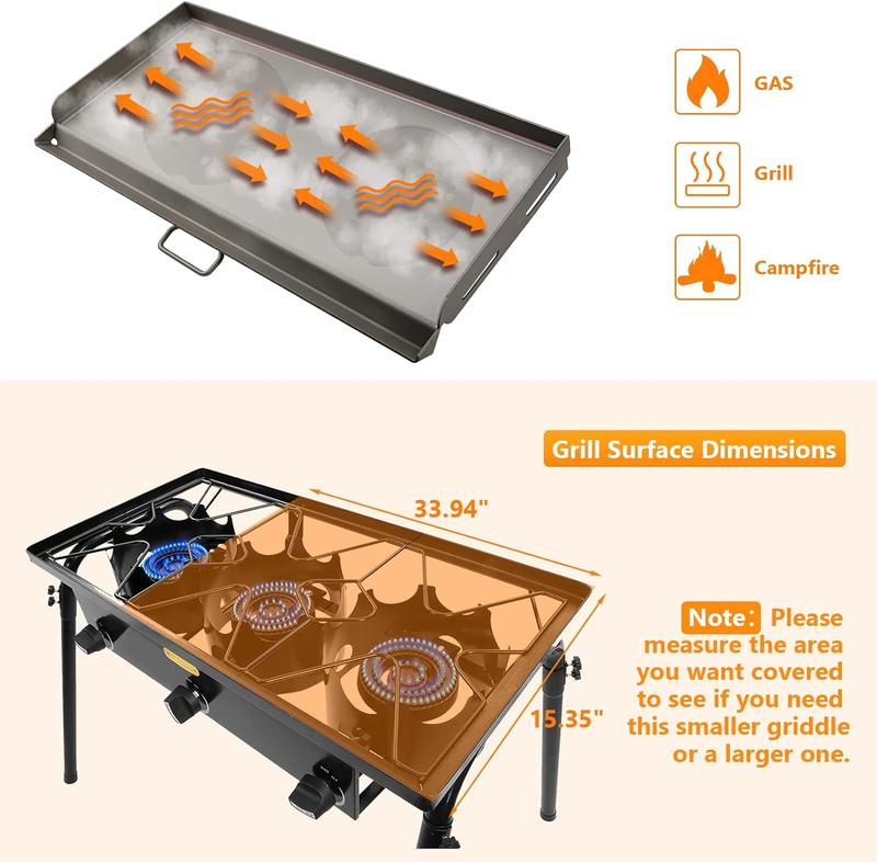 Elf Grill 14 x 32 inch Fry Griddle for Camp Chef Two Burner Stove with Oil Drip Port, Outdoor Stove Top Griddle for Gas Grills, Portable Propane Gas, Camping Stoves Griddle for Camp Chef Explorer